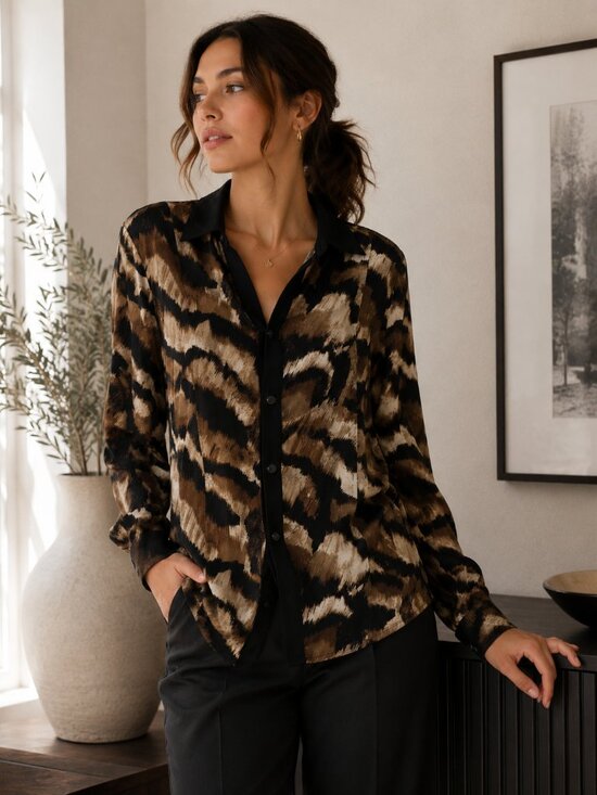 JM Collection Tops - JM Collection Animal Print Snap-Front Blouse | Brown & Black | Size M
